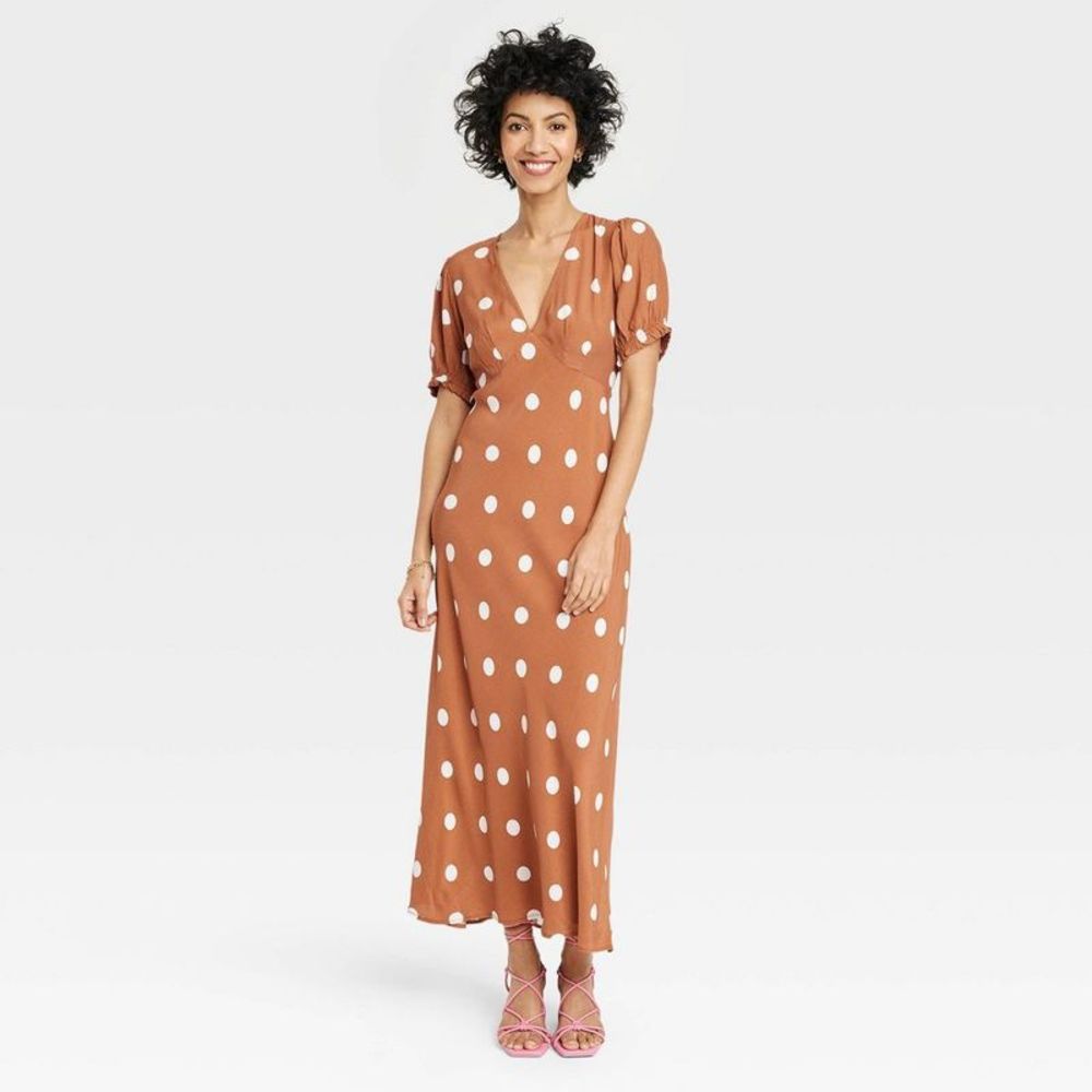 Women's Crepe Puff Short Sleeve Dress - A New Day Brown Polka Dots L